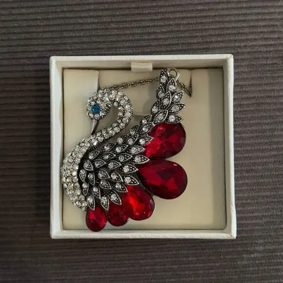 Silver Swan Pendant Necklace with Red Crystal Accents - Picture 8 of 8